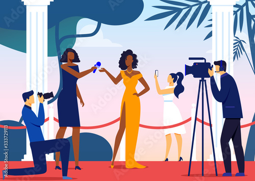 Famous Celebrity Interview Vector Illustration. Young Movie Star, Reporter and Paparazzi Cartoon Characters. Cameraman Recording VIP Event Reportage on Red Carpet. Photographer Taking Photo