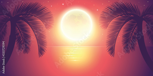 romantic night full moon by the sea with palm tree landscape vector illustration EPS10