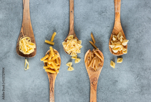 Different types of pasta lying in wooden spoons lying on grey table. Penne, tortellini, fuzilli, and farfalle. Horizontal.