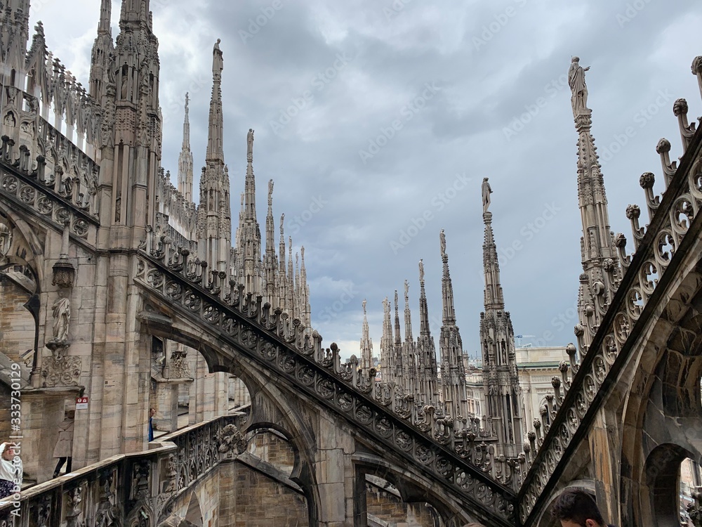 view of the roof of famous Cathedral Duomo di Milano on piazza in Milan, Italy