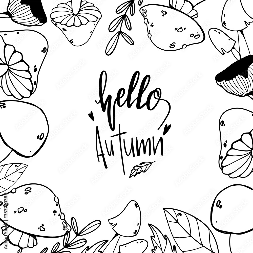 Hello Autumn square greeting card cute outline doodle digital art on a white background. Print for wrapping paper, kitchen textiles, covers, books, invitations, web, covers, banners, posts. Hello Autumn square greeting card cute outline doodle digital art on a white background. Print for wrapping paper, kitchen textiles, covers, books, invitations, web, covers, banners, posts.
