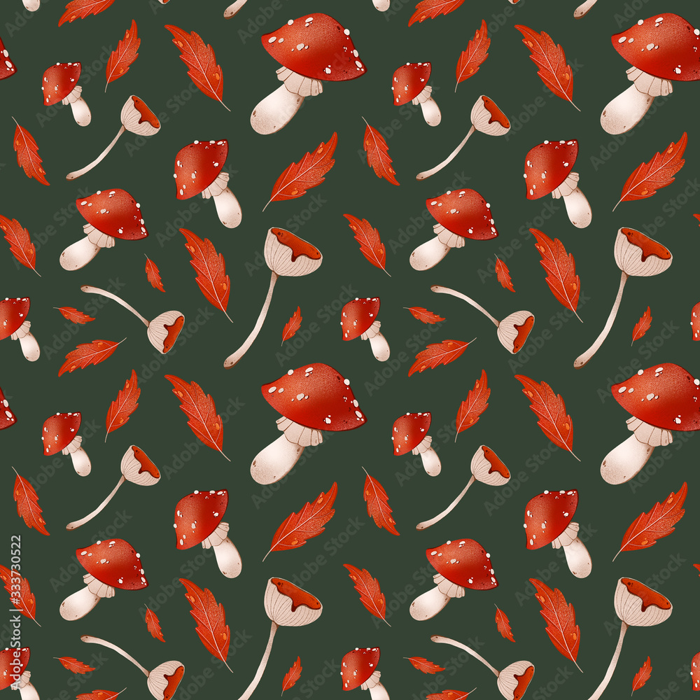 Autumn mushroom seamless pattern cute textural digital art on a green background. Print for wrapping paper, kitchen textiles, covers, books, cards, invitations, web, covers, banners. Autumn mushroom seamless pattern cute textural digital art on a green background. Print for wrapping paper, kitchen textiles, covers, books, cards, invitations, web, covers, banners.