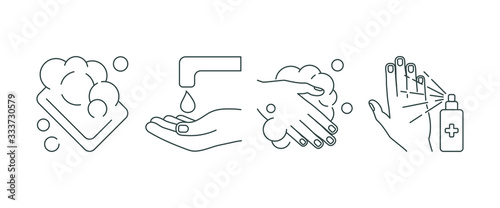 hand disinfection several steps, line icons