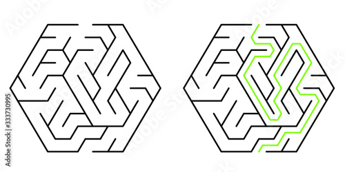 A hexagonal maze with triangular cell, 5 cells wide with solution
