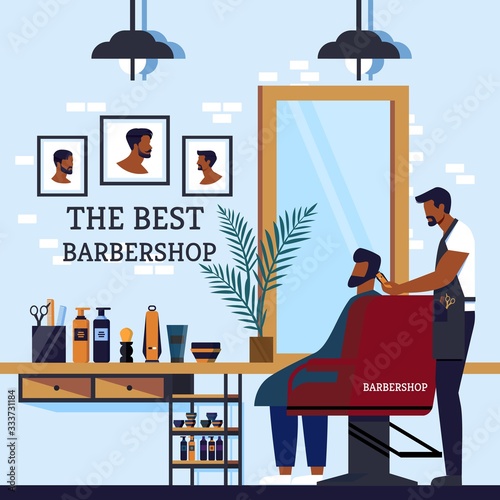 Inscription Cabin Interior the Best Barbershop. Information Flyer Client Man Sits in Barbers Chair and Looks in Mirror. Advertising Poster Stylist Cuts Man Cartoon. Vector Illustration.
