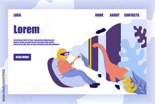Virtual Paleontological Museum. Cartoon Woman Characters Wearing VR Headset Looking at and Trying Touch Dinosaur. Optical Device for Real Visualization and Simulation Vector Illustration. Landing Page
