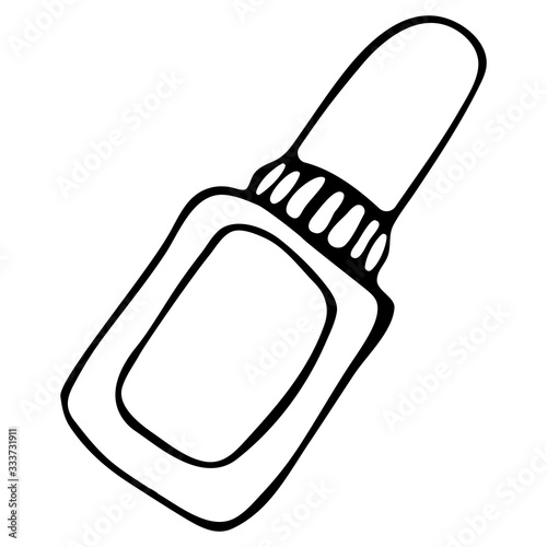 Vector flat illustration of a bottle of medicine for instilling eyes or nose. Black outline on an isolated white background in the Doodle style. For websites, textiles, paper, Wallpaper, leaflets