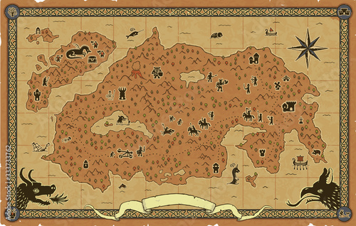 Large fantasy map with towers, dungeons, a castle, a dragon, orcs, goblins, elves, a catapult, knights, dwarves, sea creatures, ships, an ornate frame, skeletons, mountains, trees, a volcano, etc.