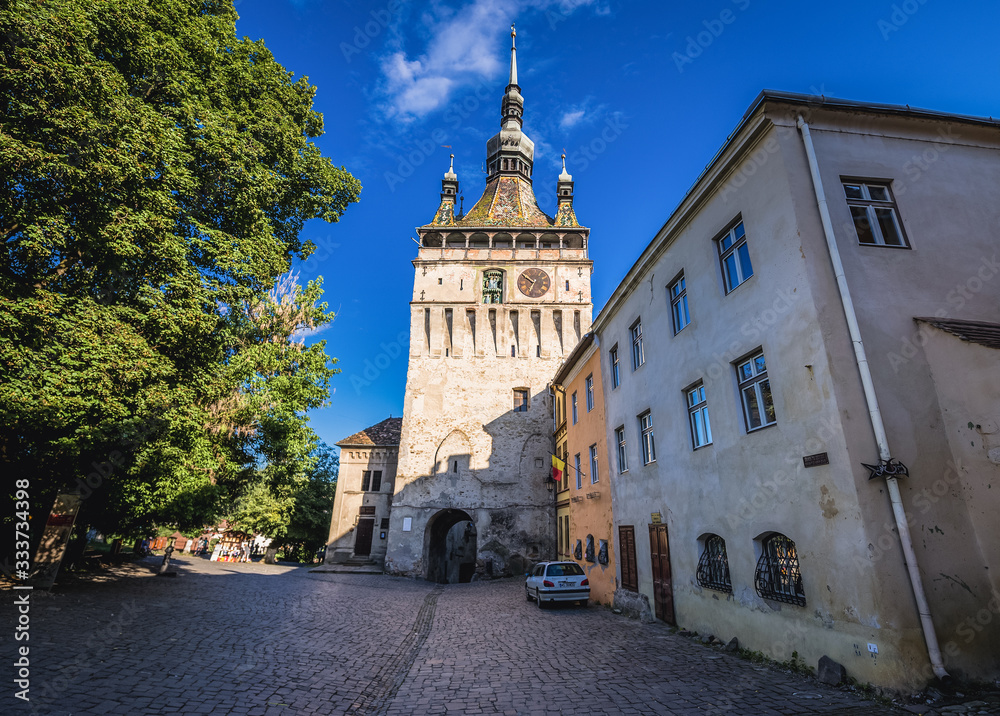 Famous Clock Tower in historic part of Sighisoara city located in Mures County, Romania