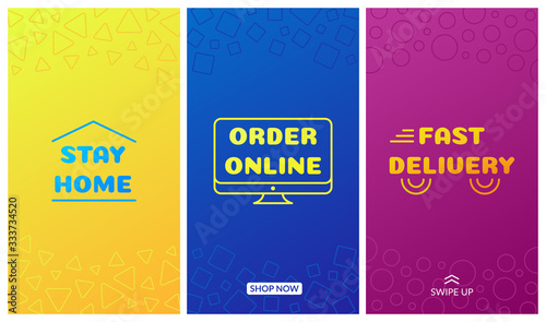 Vector banner, stories. Concept: stay safe at home, order online, use delivery. Abstract geometry backgrounds in blue, yellow and magenta colors.