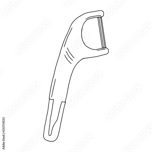 Tool plastic handle for cleaning interdental spaces. Dental product personal oral hygiene home bathroom. Vector isolated template flat doodle realistic drawing with black outline white background icon
