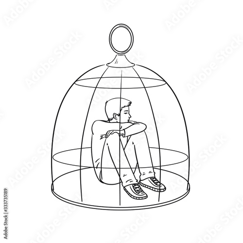 Vector Sad man sitting in a cage.Young man is locked in a cage.Forced isolation. Teenager depression. Guy isolated.Line black-white sketch on a white background.Quarantined Man.Coronavirus quarantine.