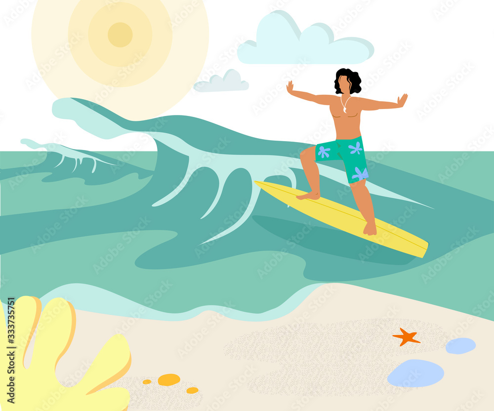 Tanned Surfer on Surf Board Flat Vector Character. Holidaymaker, Sportsman Leisure Activity. Young Handsome Man Riding Surfboard, Doing Water Sport, Surfing. Tropical Beach, Ocean Wave Illustration