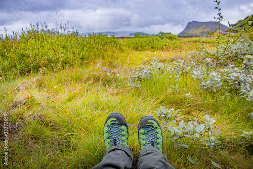 Looking at the rough nature in wild, while hiking in Iceland, summer, scenic view