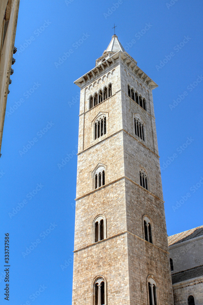 The bell tower of the Roman Catholic cathedral dedicated to San Nicola Pellegrino in Trani, Puglia, Italy