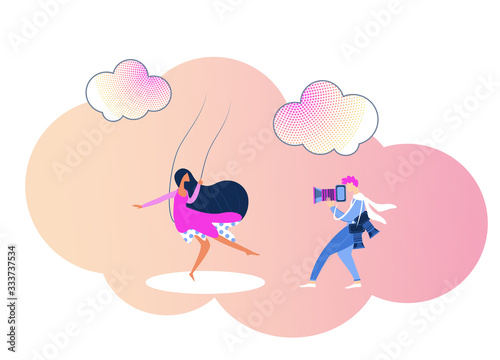 Photographer or Paparazzi Working with Photo Camera Shooting Young Woman Riding Swing among Clouds on Pink Sky. Romantic Movie Scene, Model or Actress Posing in Studio Cartoon Flat Vector Illustration