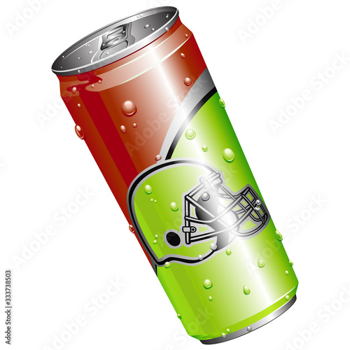 Vector drawing of a wet green and red aluminum energy drink can with a football helmet drawing. Isolated on white.