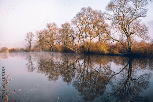 Mystical lake on a foggy morning