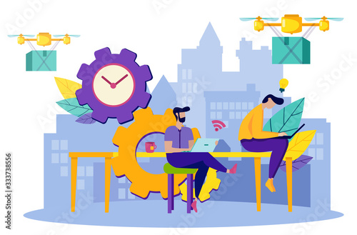Man Monitors Delivery Cargo in Office. Man Worker. Computer Technology. Working Process. Automation and Technology. Vector Illustration. Delivery Cargo. Smart Idustry. Monitoring System. Fast Delivery