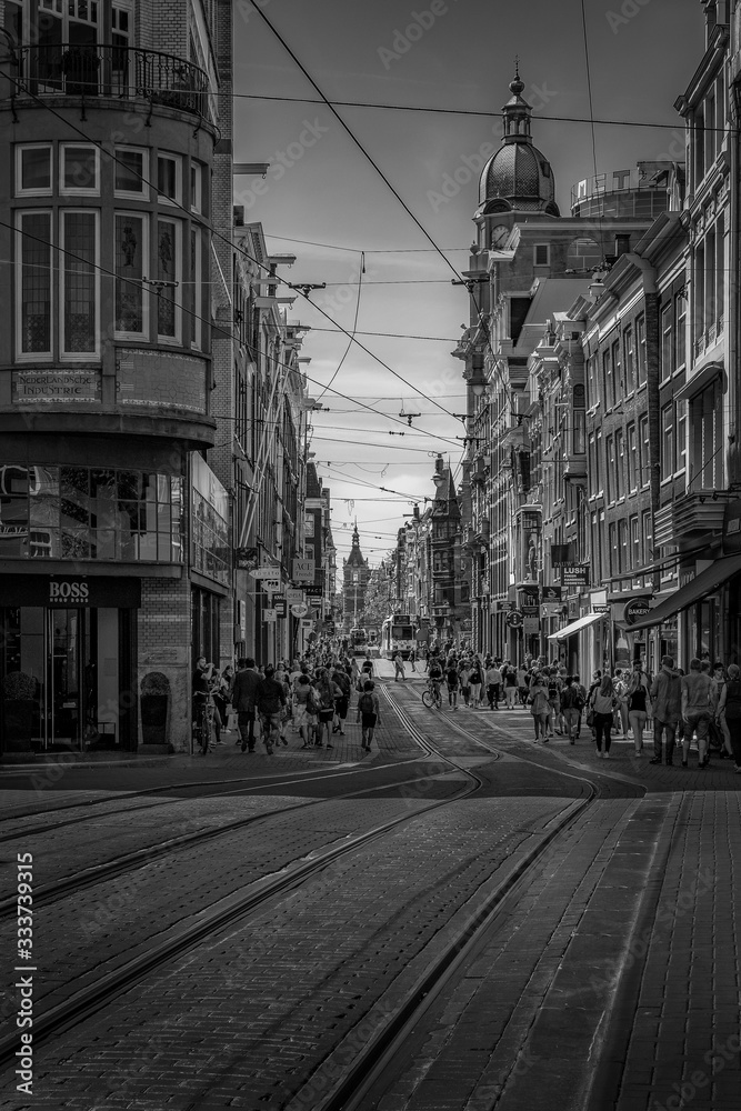Street view with tram rails in Amsterdam Leidestraat.
