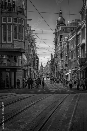 Street view with tram rails in Amsterdam Leidestraat.
