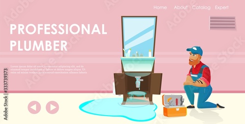 Professional Plumber Service Flat Cartoon Banner Vector Illustration. Handyman in Uniform, Working at Home Bathroom, Repairing Sink with Demaged Pipe System, Stopping Water Leaking Website.