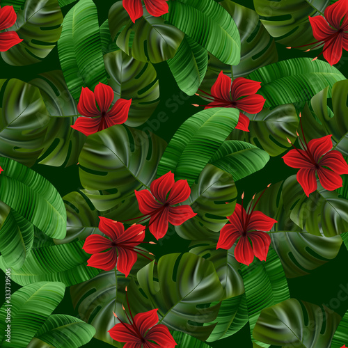 Palm leaf. Seamless pattern summer tropic hibiscus.