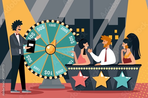 Jury Judges Sitting at Desk with Stars near Wheel of Fortune in Studio with Host and City View Background. Quiz People Show. Professional Competition, Trivia Game. Cartoon Flat Vector Illustration
