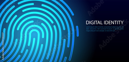Digital Identity Virtualization on Dark Background. Fingerprint pattern shows unique identity data used to collect biometric data to unique key access or privacy code.