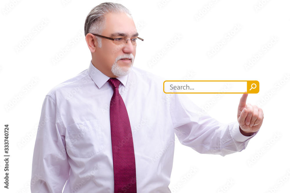 Search concept with businessman pressing button Search concept with businessman pressing button