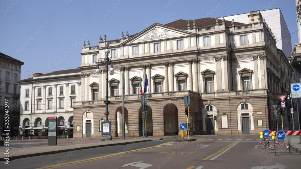 Europe, Italy, Milan March 2020 - completely deserted places of tourist interest, without people, for n-cov19 Coronavirus pandemic - Piazza della Scala - Scala theater Europe, Italy, Milan March 2020 - completely deserted places of tourist interest, without people, for n-cov19 Coronavirus pandemic - Piazza della Scala - Scala theater