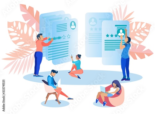 People Searching for Best Candidate, Applying for Job Flat Cartoon Vector Illustration. Girl and Boy Characters Sitting on Chair and Working on Laptop. Men Looking through Applicants Profiles.