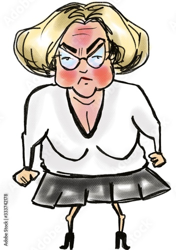 Hand drawn sketch of cartoon character old angry funny woman standing Isolated On white