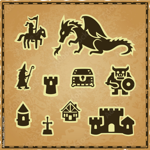 Vector set of medieval fantasy icons on a parchment background with a frame. Includes a mounted knight, a fire-breathing dragon, a wizard, a dungeon, a treasure chest, an ogre, a tower, Excalibur, a h
