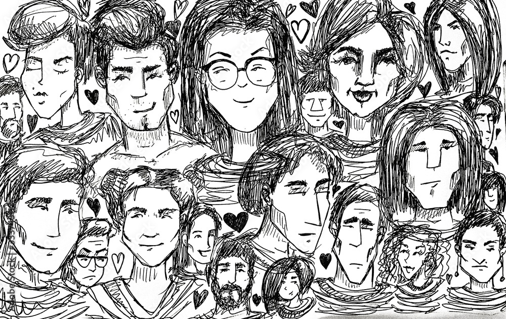 hand drawn pattern with many faces hand drawn pattern with many faces