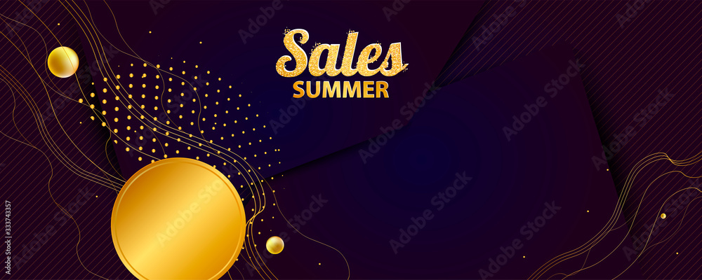 Smooth wave lines romantic gold summer background eps10. Golden sale and arabesque pattern on dark blue banner