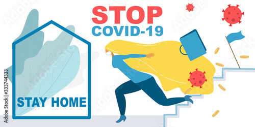 Conceptual vector image of a woman running down to empty career ladder. The call to stay home to stop the pandemia of coronavirus.