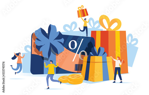 Gift card and promotion strategy, gift voucher, discount coupon and gift certificate concept. Vector isolated concept