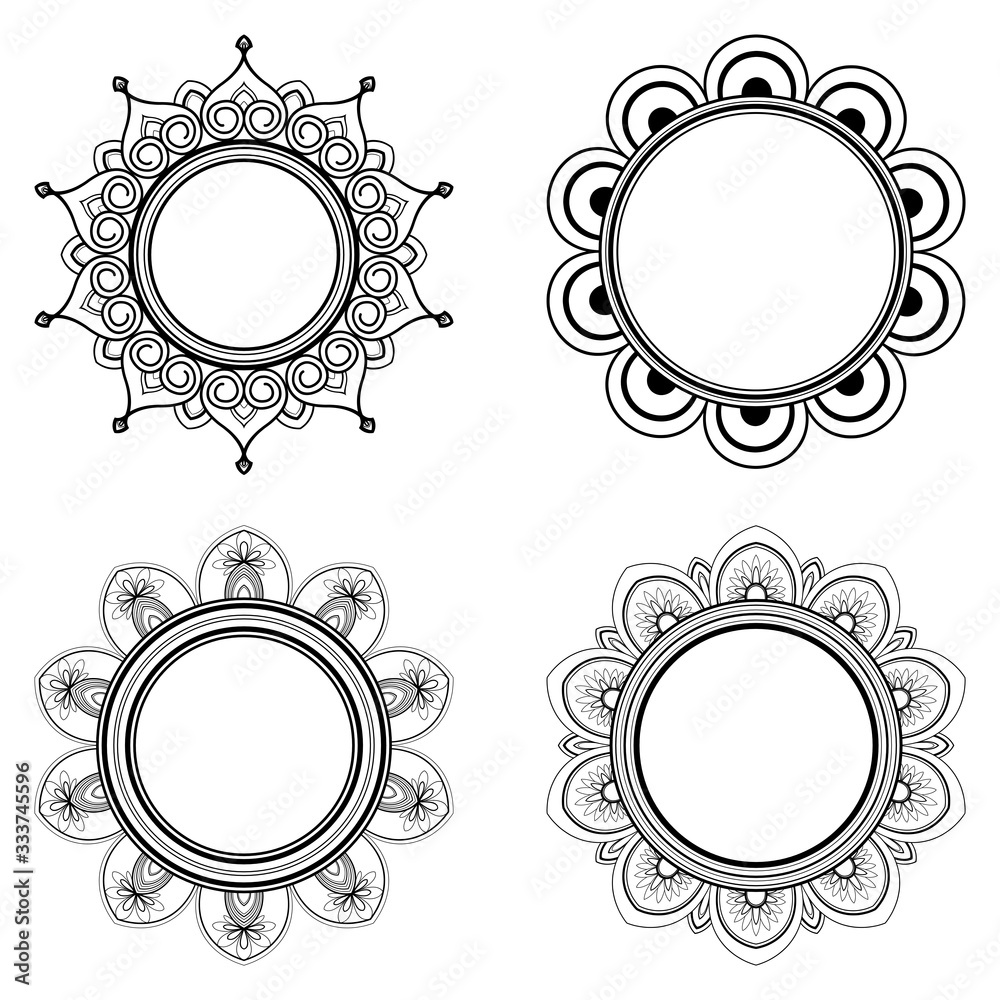 Set of four ethnic ornaments for greeting card, Henna drawing and tattoo template. Vector illustration Set of four ethnic ornaments for greeting card, Henna drawing and tattoo template. Vector illustration