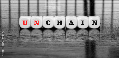 Banner with word chain or unchain - dilema concept	