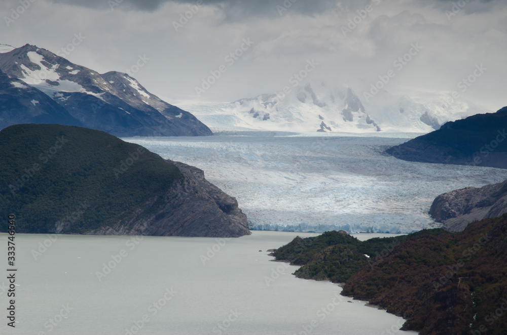 Grey lake and Grey glacier in the Torres del Paine National Park.