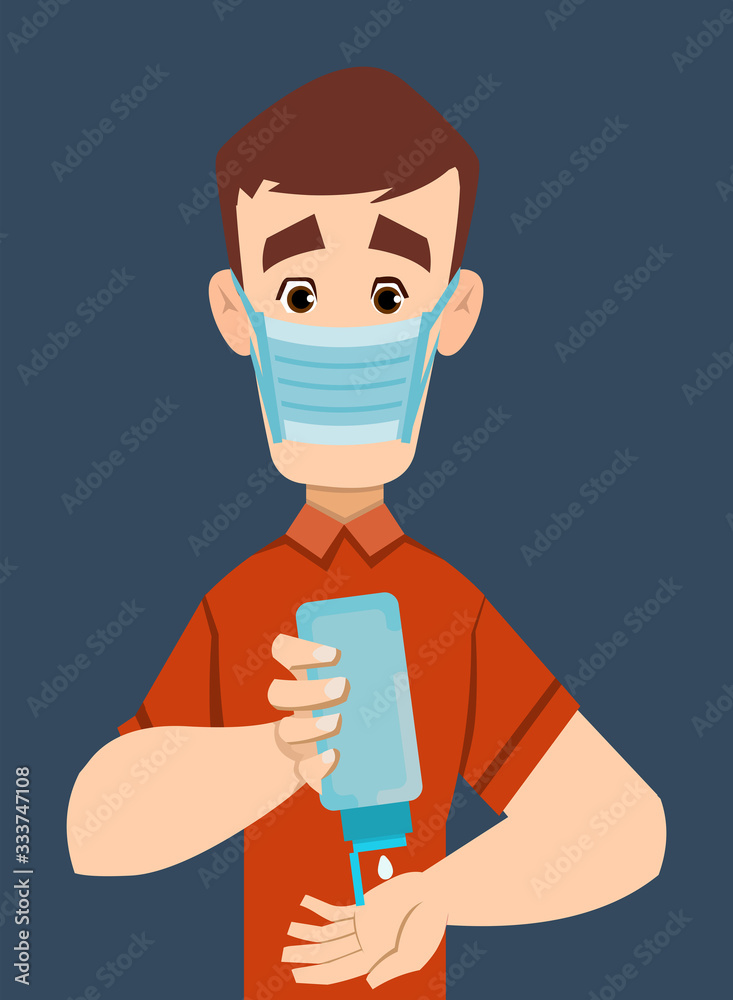handsome man wear mask and sanitizing hands with sanitizer gel handsome man wear mask and sanitizing hands with sanitizer gel