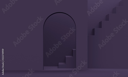 Lilac room with stairs and arch. 3d rendering