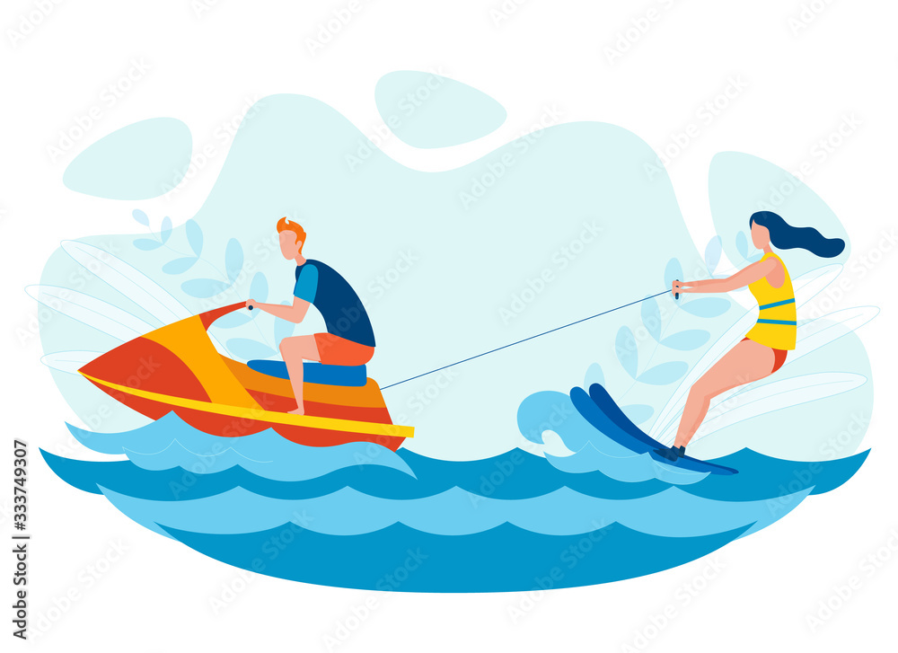 Water Skiing Entertainment Vector Illustration. Man Riding Jet Ski, Woman in Safety Jacket Waterskiing Cartoon Characters. Extreme Leisure Activity for Adventurous Tourists, Sea Resort Recreation