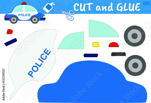 Education paper game for preschool children. Cartoon police car. Use scissors and glue to create the image.