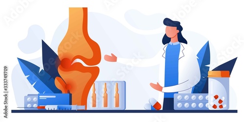 Knee bone pain. Human anatomy healthcare medical concept. World arthritis day in October, Osteoporosis for landing page, banner. Doctor research human knee joints. Traumatology and orthopedics.