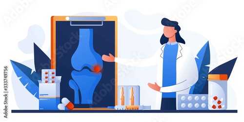 Knee or leg X-ray screen. Bone pain. Human anatomy healthcare medical concept. World arthritis day. Osteoporosis for landing page, banner. Doctor research human joints. Traumatology and orthopedic