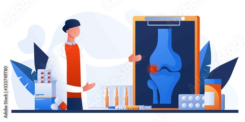 Knee or leg X-ray screen. Bone pain. Human anatomy healthcare medical concept. World arthritis day. Osteoporosis for landing page, banner. Doctor research human joints. Traumatology and orthopedic