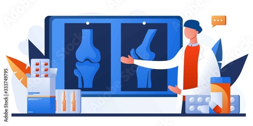 Knee or leg X-ray screen. Bone pain. Human anatomy healthcare medical concept. World arthritis day. Osteoporosis for landing page, banner. Doctor research human joints. Traumatology and orthopedic