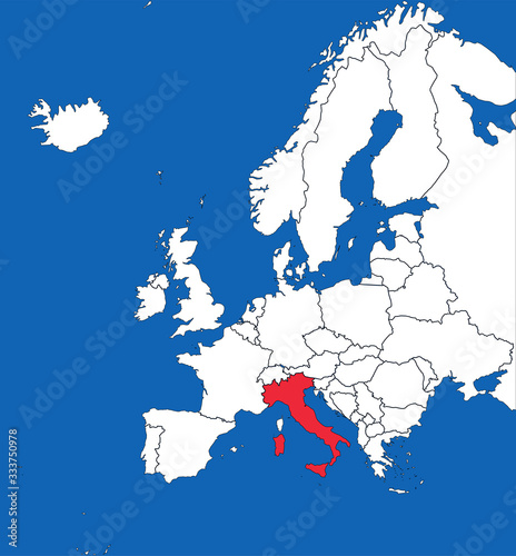 Italy map highlighted on europe map. White on blue background. Perfect for business concepts, backgrounds, backdrop, poster, sticker, banner, label and wallpaper.